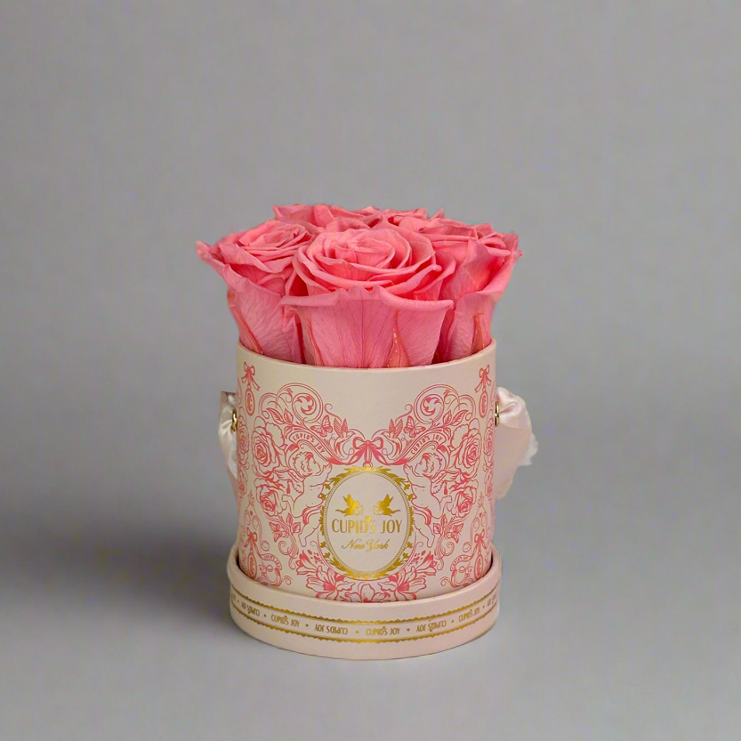 Small cupid=motif box with pink roses on a gray background
