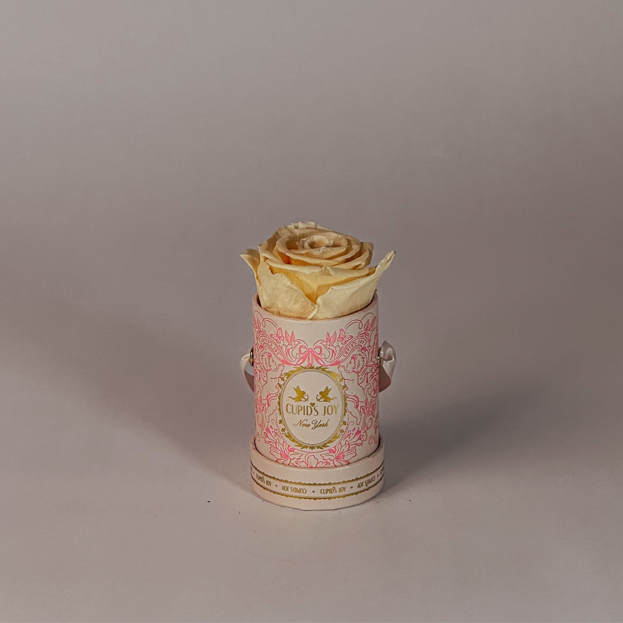Decorative cylindrical container with heart motif by Cupid's Joy with a peach rose inside on a gray background