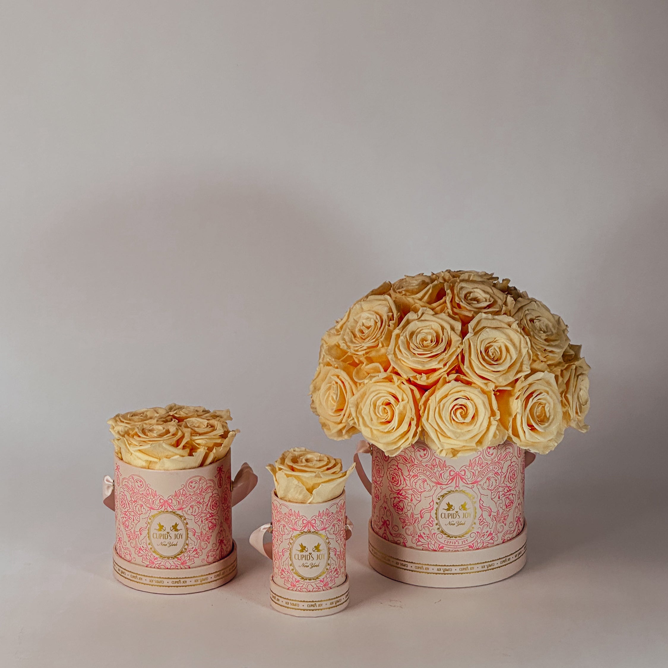 Set of peach forever roses flower arrangements in pink cupid-motif boxes on a plain background